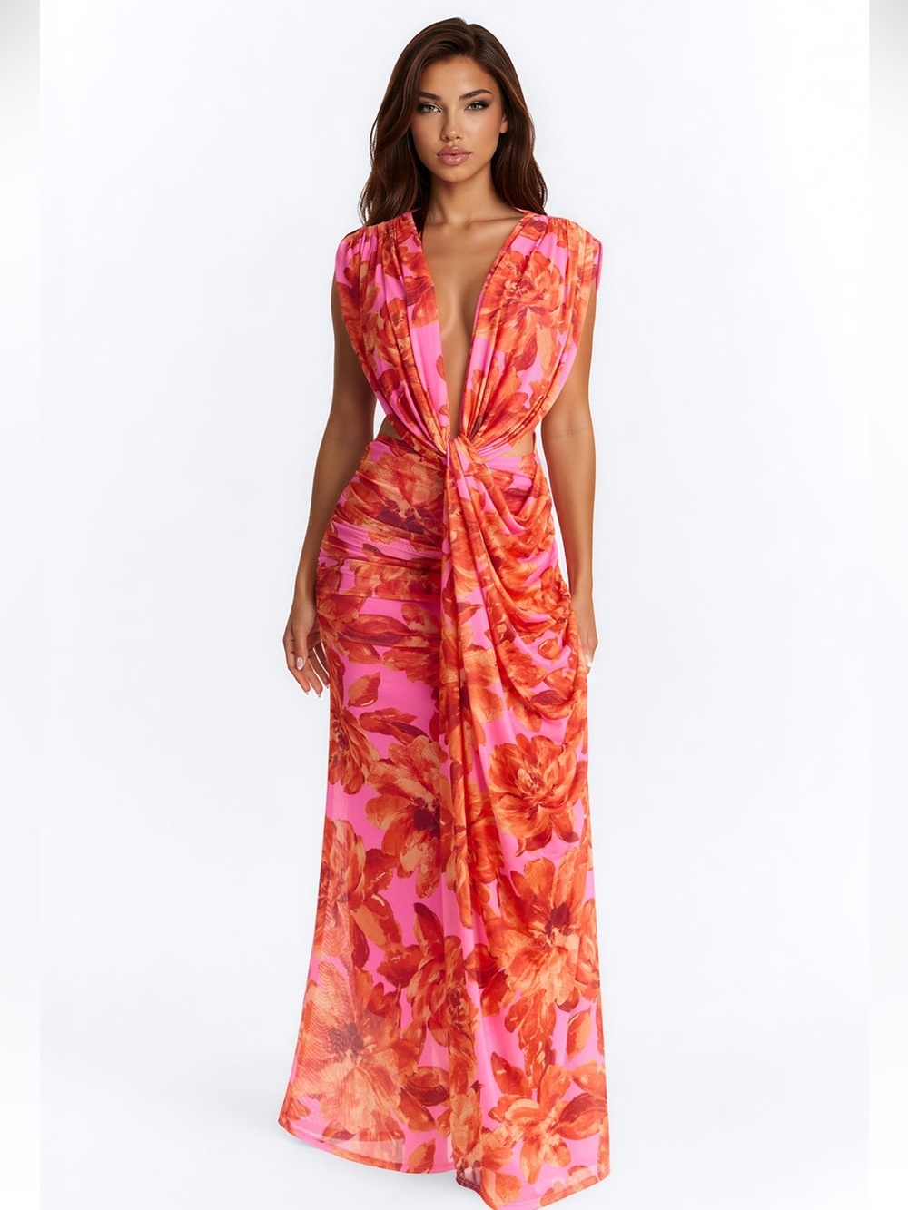 Fashion Nova Pink & Orange Floral Twist-Front Maxi maxi dress